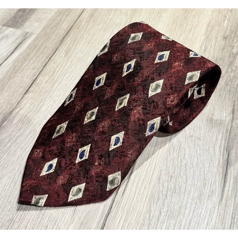 Vintage Christian Dior Monsieur 100% Silk Burgundy/Blue/Beige Geometric Woven